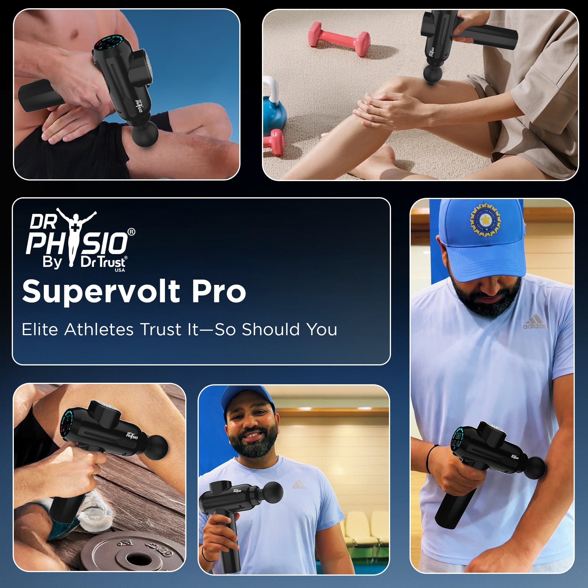 Dr Trust USA Massager Dr Physio USA Supervolt PRO Electric Gun Massager for Pain Relief, 6 Heads, 4 Speed Levels Rechargeable Full Body Deep Tissue Percussion Massage Device for Muscles of Back, Neck, Shoulder, Hand, Foot, Head & Leg 1043