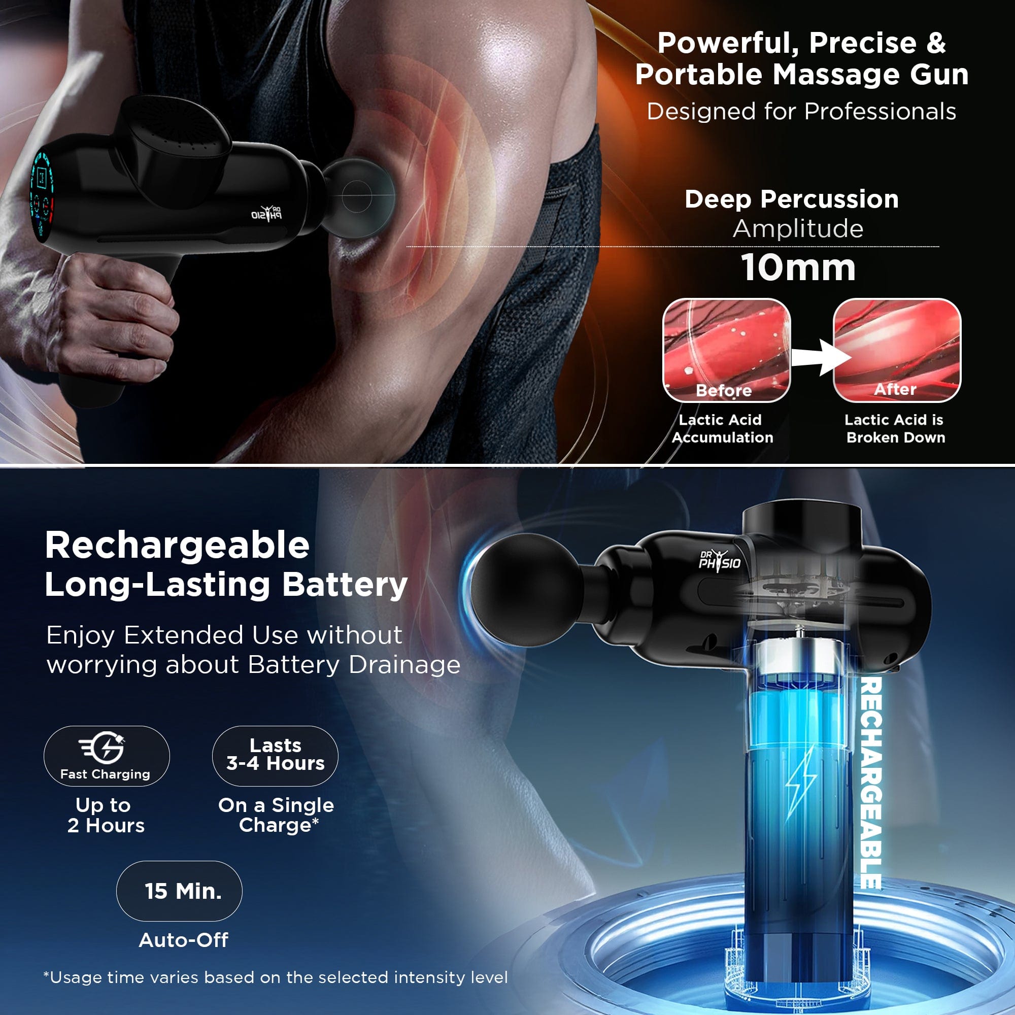 Dr Trust USA Massager Dr Physio USA Supervolt PRO Electric Gun Massager for Pain Relief, 6 Heads, 4 Speed Levels Rechargeable Full Body Deep Tissue Percussion Massage Device for Muscles of Back, Neck, Shoulder, Hand, Foot, Head & Leg 1043