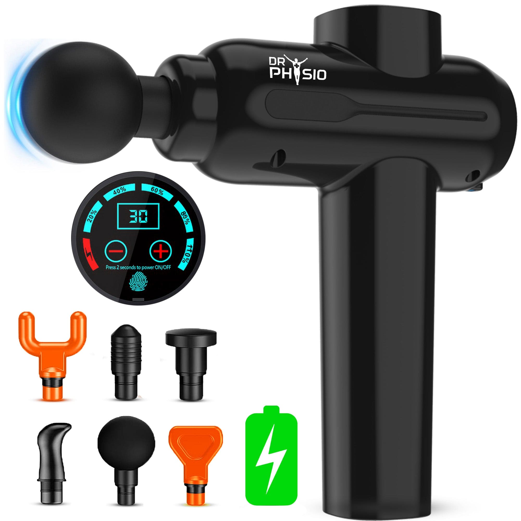 Dr Trust USA Massager Dr Physio USA Supervolt PRO Electric Gun Massager for Pain Relief, 6 Heads, 4 Speed Levels Rechargeable Full Body Deep Tissue Percussion Massage Device for Muscles of Back, Neck, Shoulder, Hand, Foot, Head & Leg 1043