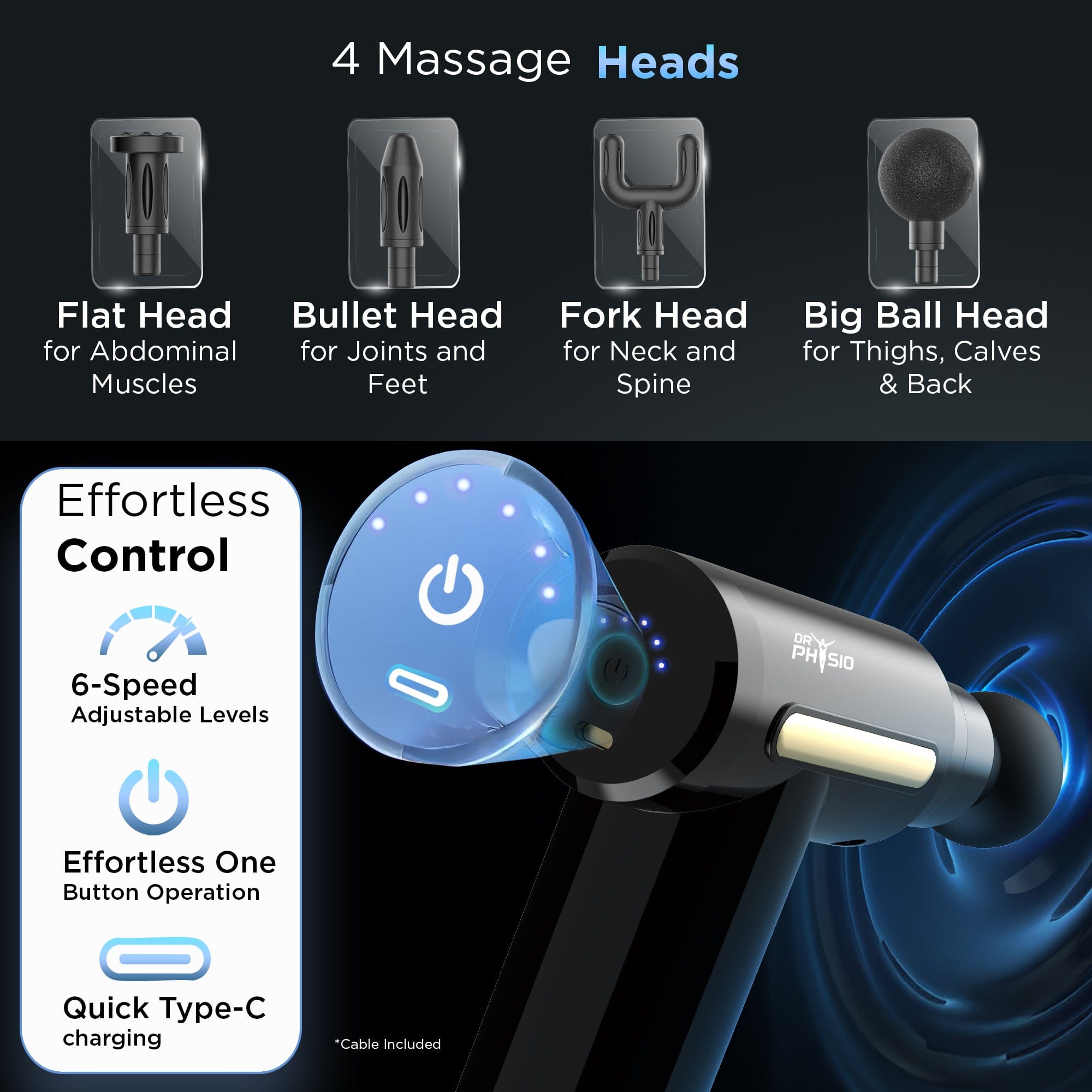 Dr Trust USA Massager Dr Physio USA Supervolt X Gun Massager for Muscle Pain Relief, Deep Tissue Percussive Massage Machine Portable Rechargeable with 4 Heads 6 Speed for Men & Women Blaze/Nighthawk 1041