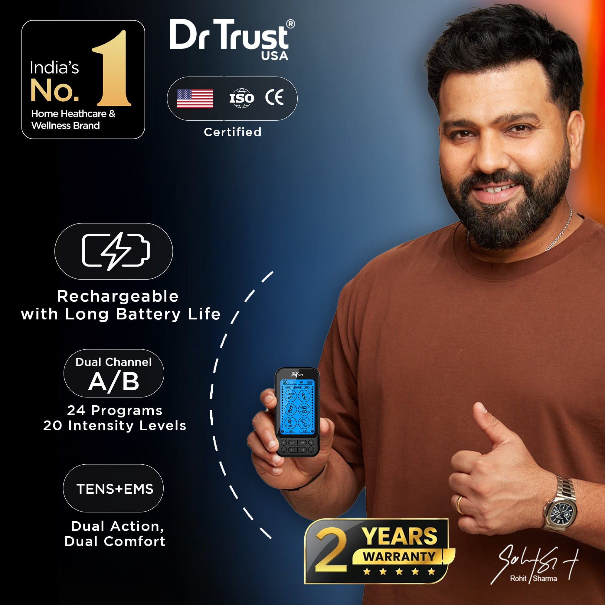 Dr Trust USA Massager Dr Physio USA TENStar Antares Massage Machine with TENS, EMS Modes for Muscle Pain Relief Dual Channel Rechargeable Pulse Impulse Nerve Stimulator Body Massager Device 1050 for Physiotherapy