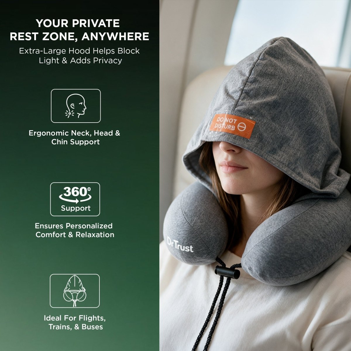 Dr Trust Flyhood Memory Foam Travel Neck Pillow 3220 with Hood | 360° Ergonomic Support, High-Density Memory Foam, Washable Cover & Travel Bag | Includes “DO NOT DISTURB” & “WAKE ME FOR FOOD” Tags