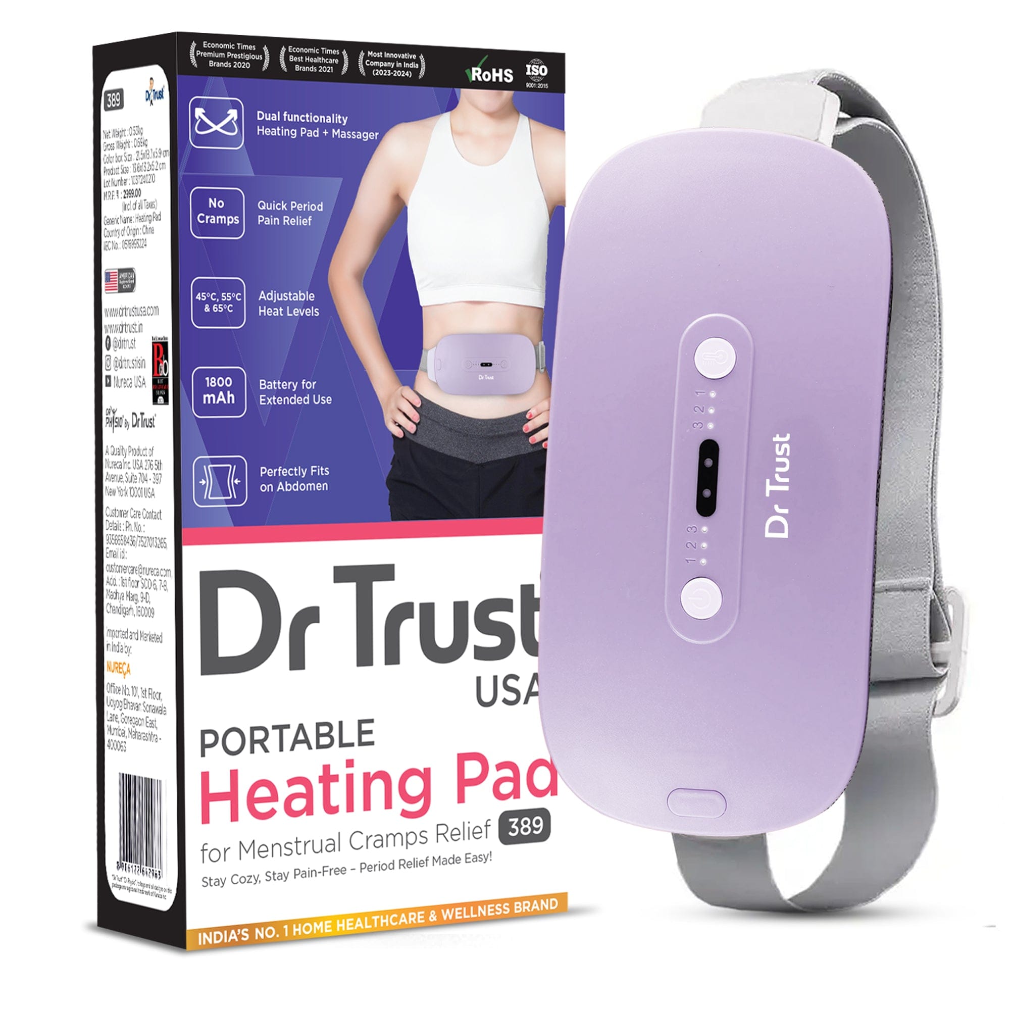 Dr Trust USA Hot Cold Dr Trust Period Cramps Pain Relief Heating & Massage Pad For Women with 3 Temp. & 3 Modes, Portable, Cordless Menstrual, Belly, Back and Stomach Pain Relief Heat Belt 389 with Massager