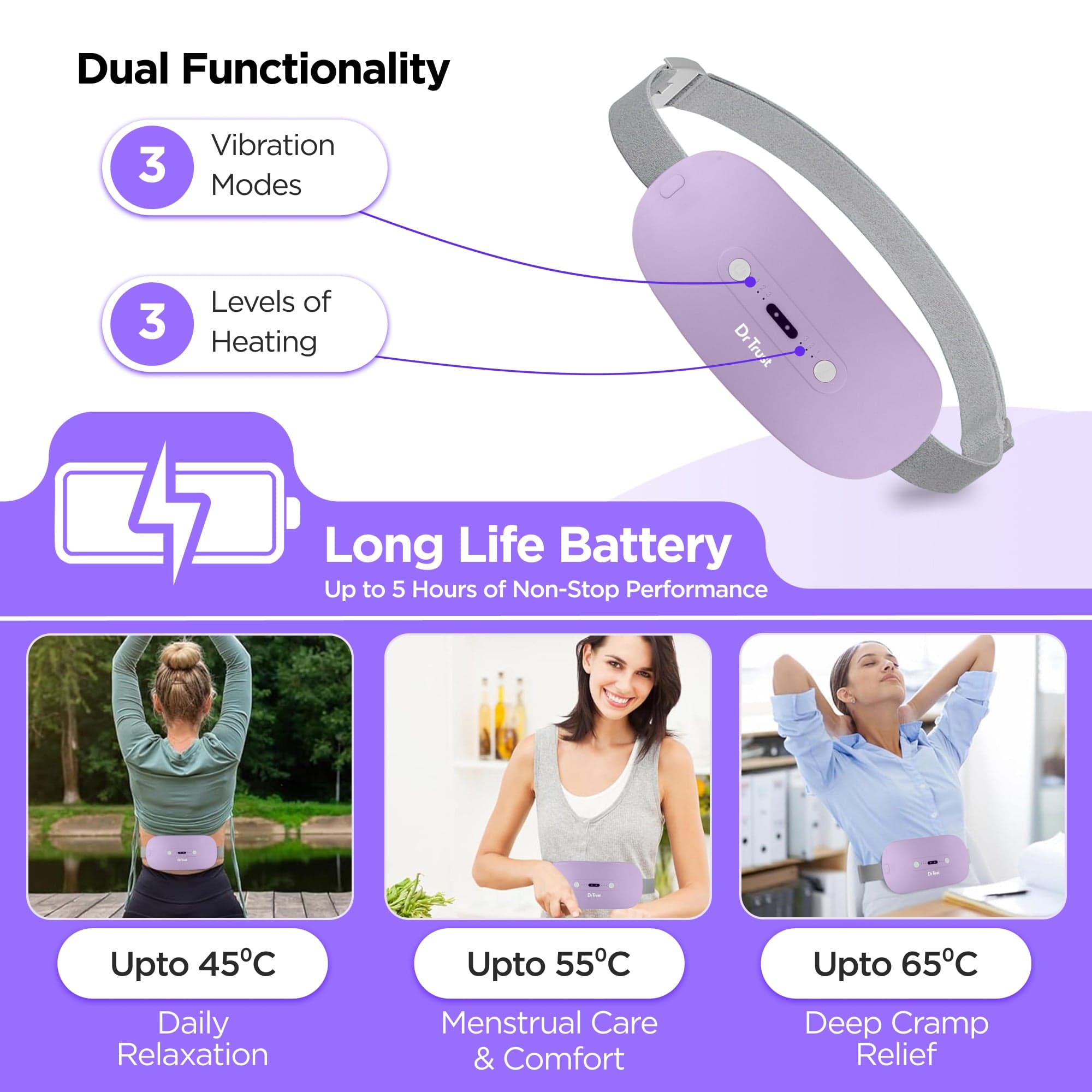 Dr Trust USA Hot Cold Dr Trust Period Cramps Pain Relief Heating & Massage Pad For Women with 3 Temp. & 3 Modes, Portable, Cordless Menstrual, Belly, Back and Stomach Pain Relief Heat Belt 389 with Massager