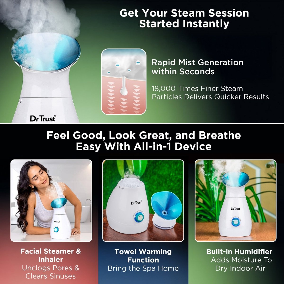 Dr Trust USA 3-in-1 Nano Ionic Facial Steamer 902 (Blue)
