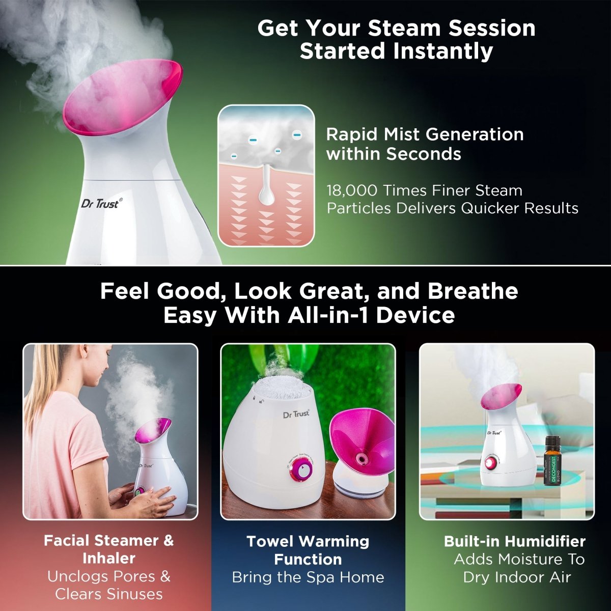Dr Trust USA 3 - in - 1 Nano Ionic Facial Steamer 905 (Pink)
