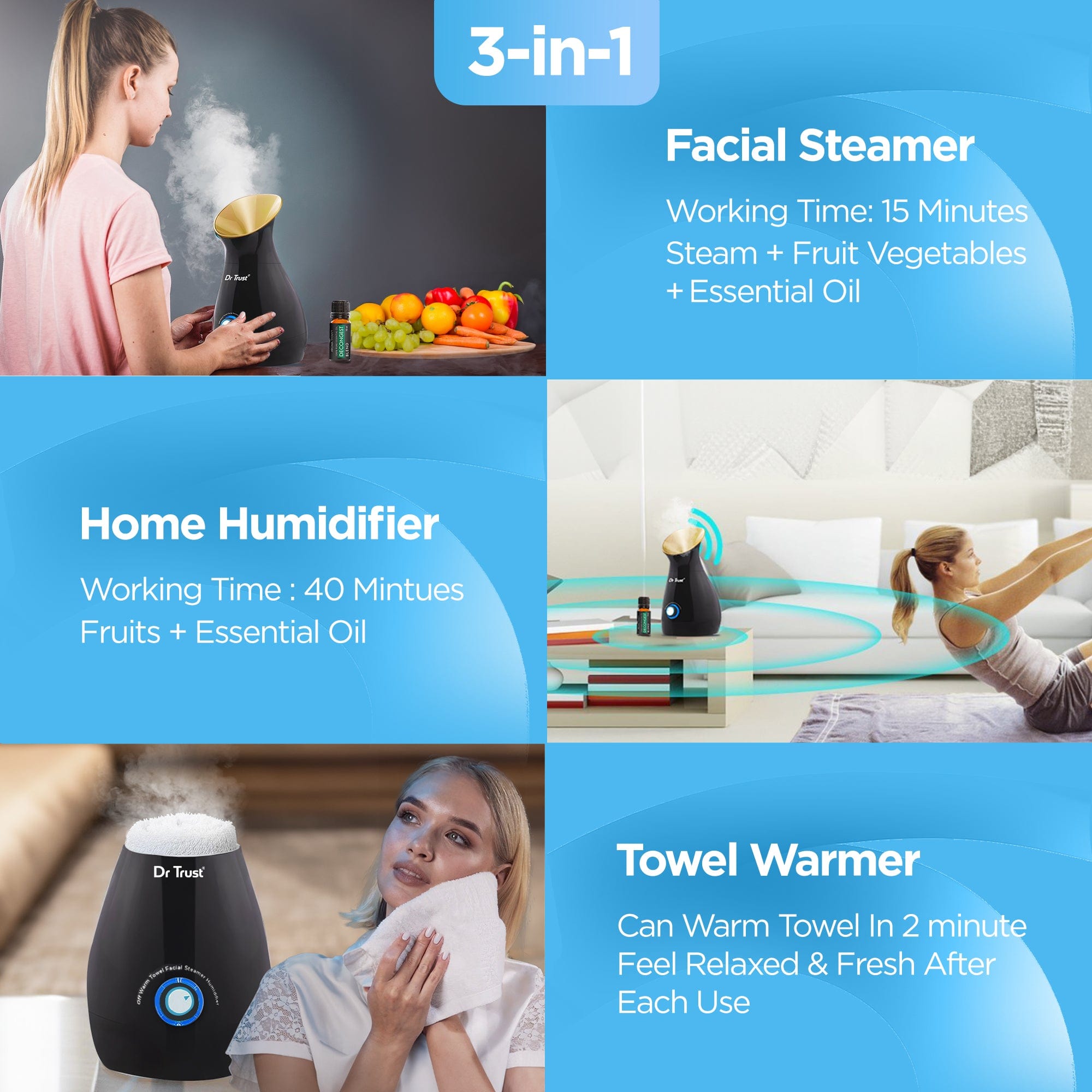 Dr Trust USA 3-in-1 Nano Ionic Facial Steamer 909 (Black)