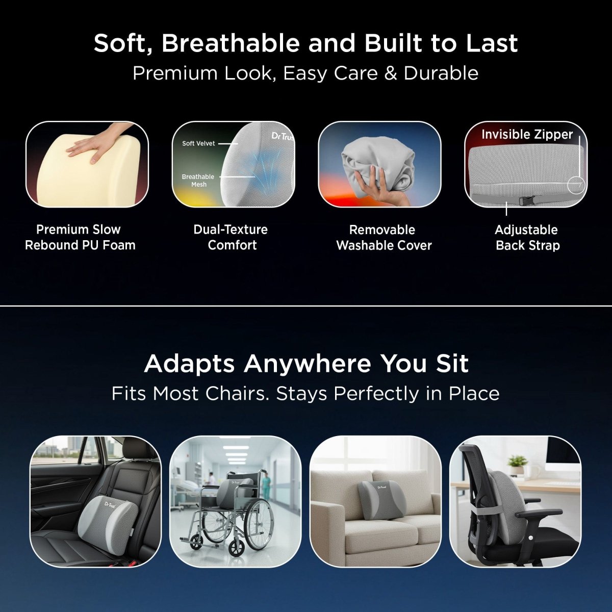 Dr Trust USA 391 Orthopaedic Lumbar Support Pillow For Lower Back Pain Relief, Spine Alignment & Posture Corrector Orthopedic PU Foam Backrest Cushion for Office Chair, Car Seat, Wheelchair & Home