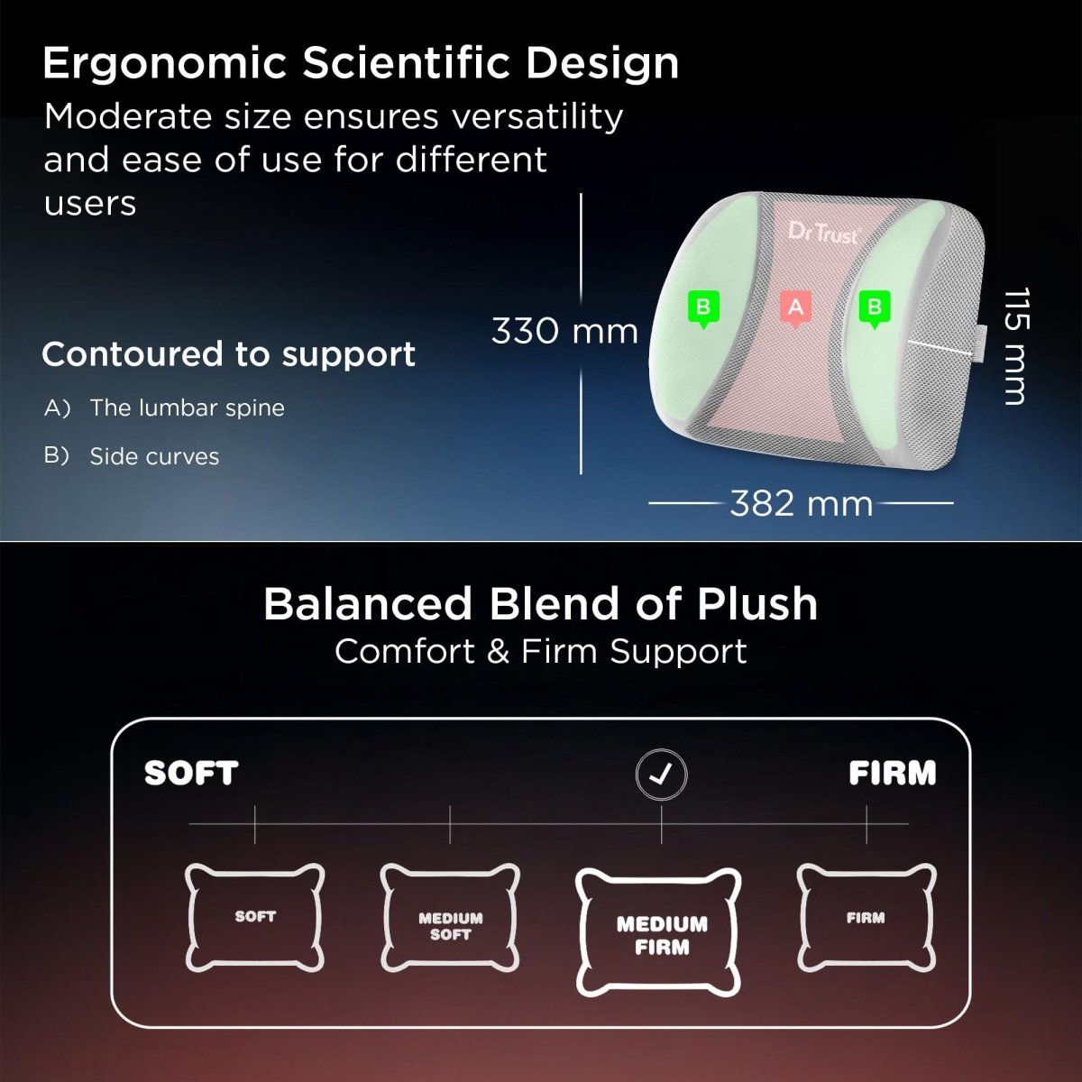 Dr Trust USA 391 Orthopaedic Lumbar Support Pillow For Lower Back Pain Relief, Spine Alignment & Posture Corrector Orthopedic PU Foam Backrest Cushion for Office Chair, Car Seat, Wheelchair & Home