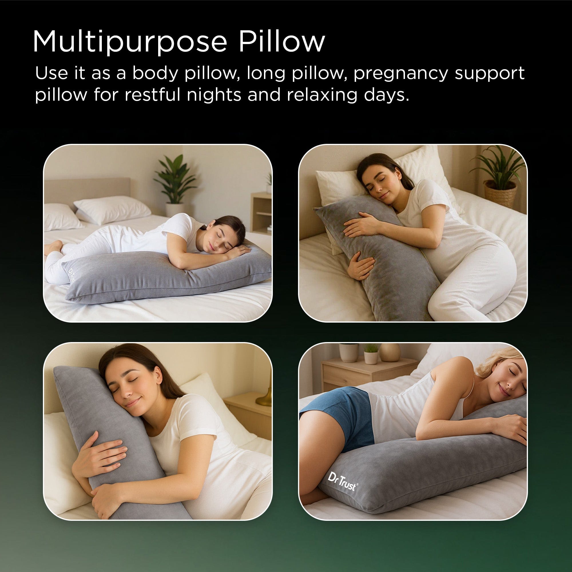 Dr Trust USA Dr Trust USA 398 Yawnicorn Cuddle Pillow for Deep Sleep, Large Full Body Support Microfiber Bed Pillow for Adults and Side Sleeper, Weighted Pillow in Velvet Cover, 53"x16" Inches (L Size, Grey)