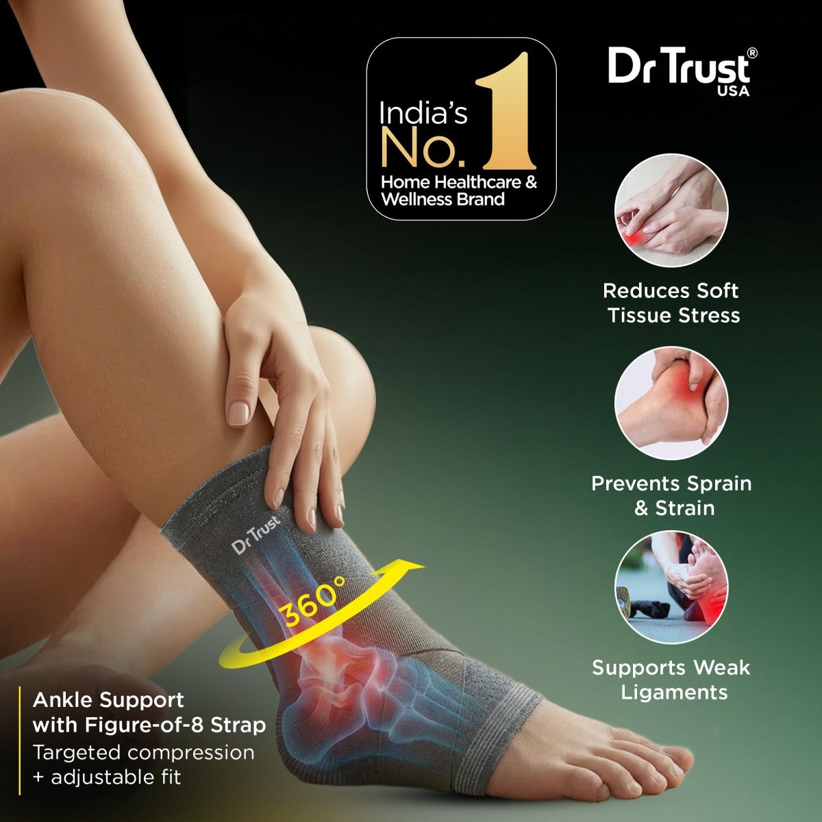 Dr Trust USA 4301 Ankle Binder Support for Men & Women Ankle Brace for Targeted Compression, Pain Relief & Stability, Comfortable Fit Ankle Support for Sprain, Strain, Preventive Care, Overuse Ankle Care