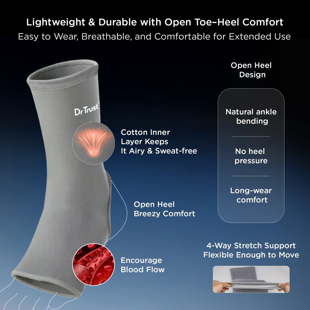 Dr Trust USA 4303 3D Knitted Ankle Support Sleeve with Open Heel Design for Ankle Pain Relief, Compression & Faster Healing, Sports & Injury Recovery Support Anklet Pair Sleeves