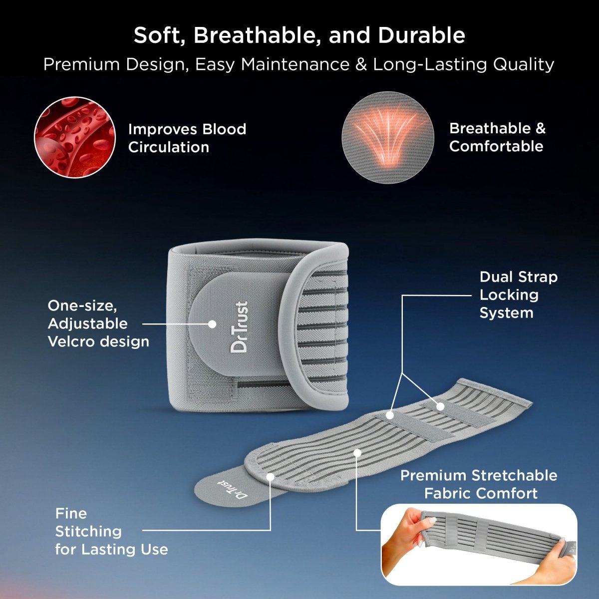 Dr Trust USA 4603 Wrist Support Wrap Brace with Double Lock Non - Slip Adjustable Wrist Brace for Pain Relief, Carpal Tunnel, and Sports Injury Protection Band for Men & Women