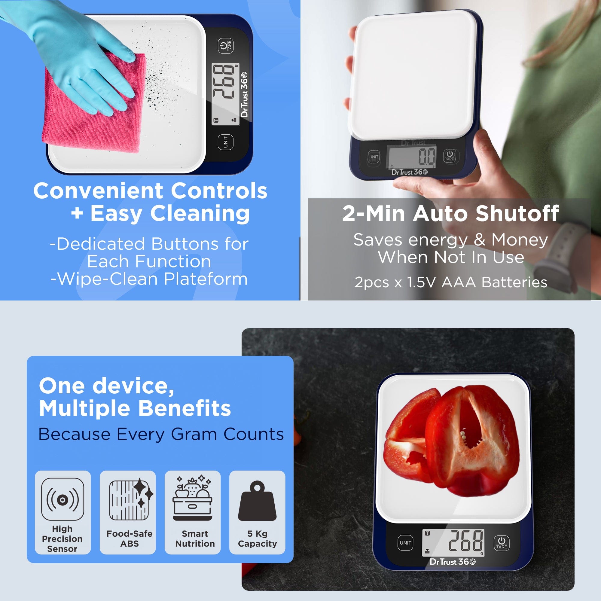 Dr Trust USA kitchen scale Dr Trust USA 530 Smart Nutrition Food Kitchen Scale with App Connectivity Easy Nutrients Tracking and Portion Control for Perfect Cooking & Baking Multipurpose Precision Weighing Machine (1g-5kg) For Healthy Food & Weight Control
