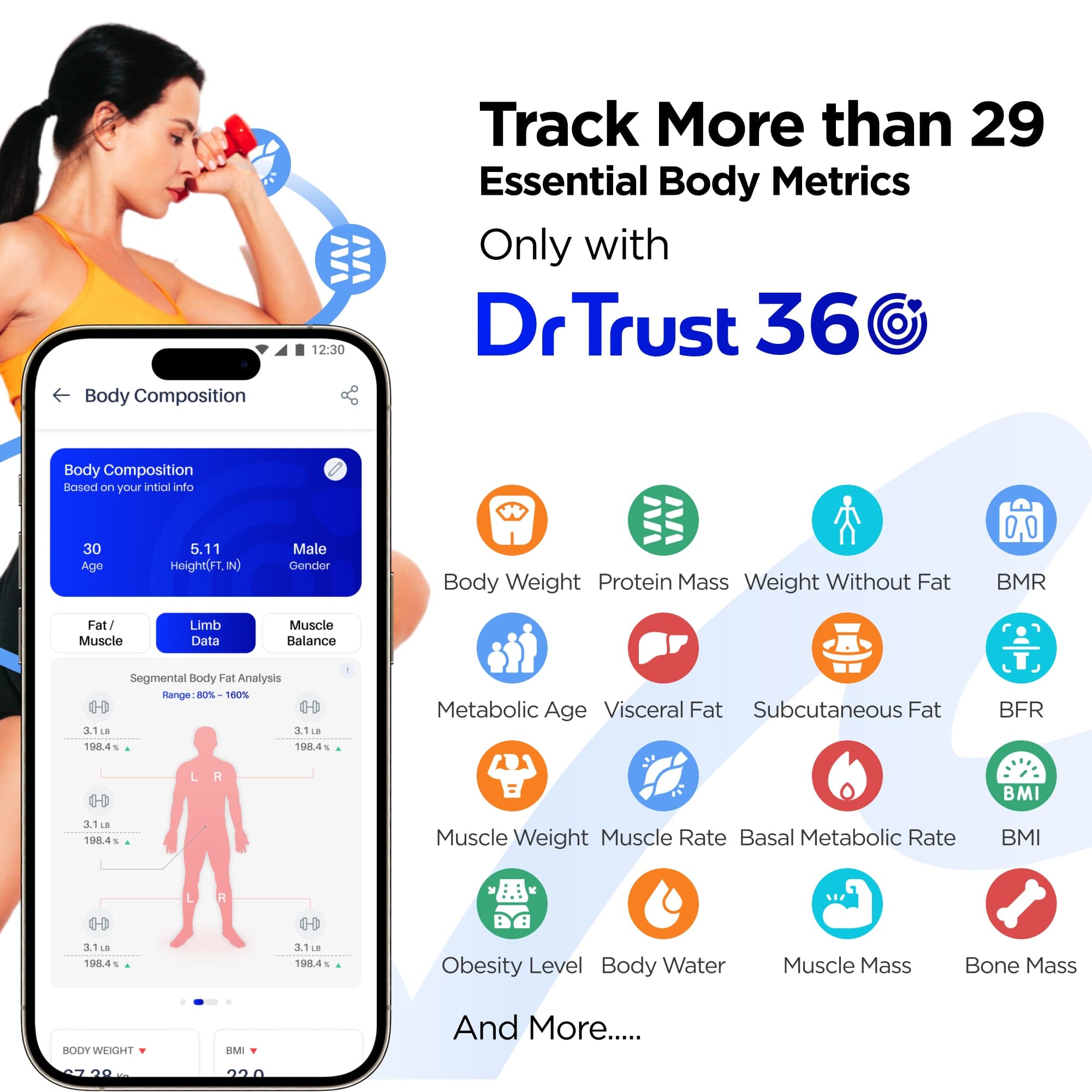 Dr Trust USA Weighing Scale Dr Trust USA 532 Eight Electrode Digital Body Weight BMI Machine & Fat Analyzer with IOS/Android App Sync, 29+ Essential Metrics Composition Analysis Weighing Machine for Health Monitoring