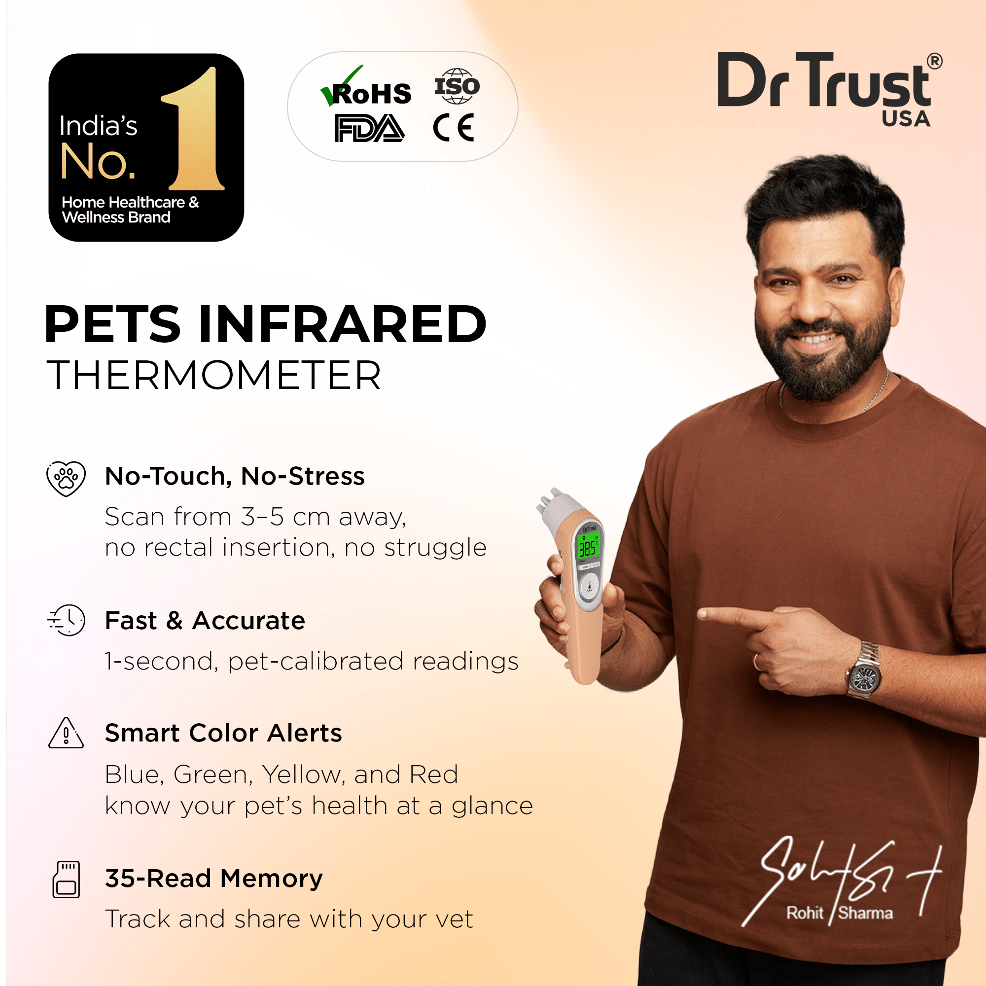 Dr Trust USA pet thermometer Dr Trust USA 619 Non-Contact Infrared Pet Thermometer for Dogs, Cats & Livestock, Accurate, 1 Second Fast Results, Vets Recommended Rectal Temperature Monitor with Memory Recall, °C/°F Switch