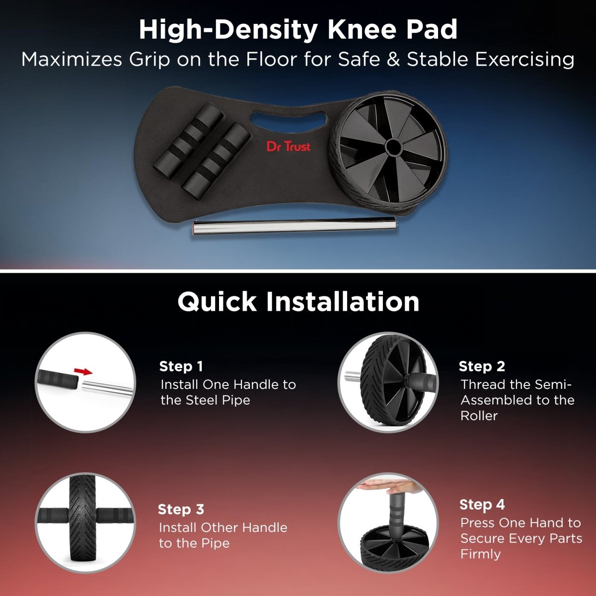 Dr Trust USA Ab Wheel Roller with Knee Mat 311 (Black)