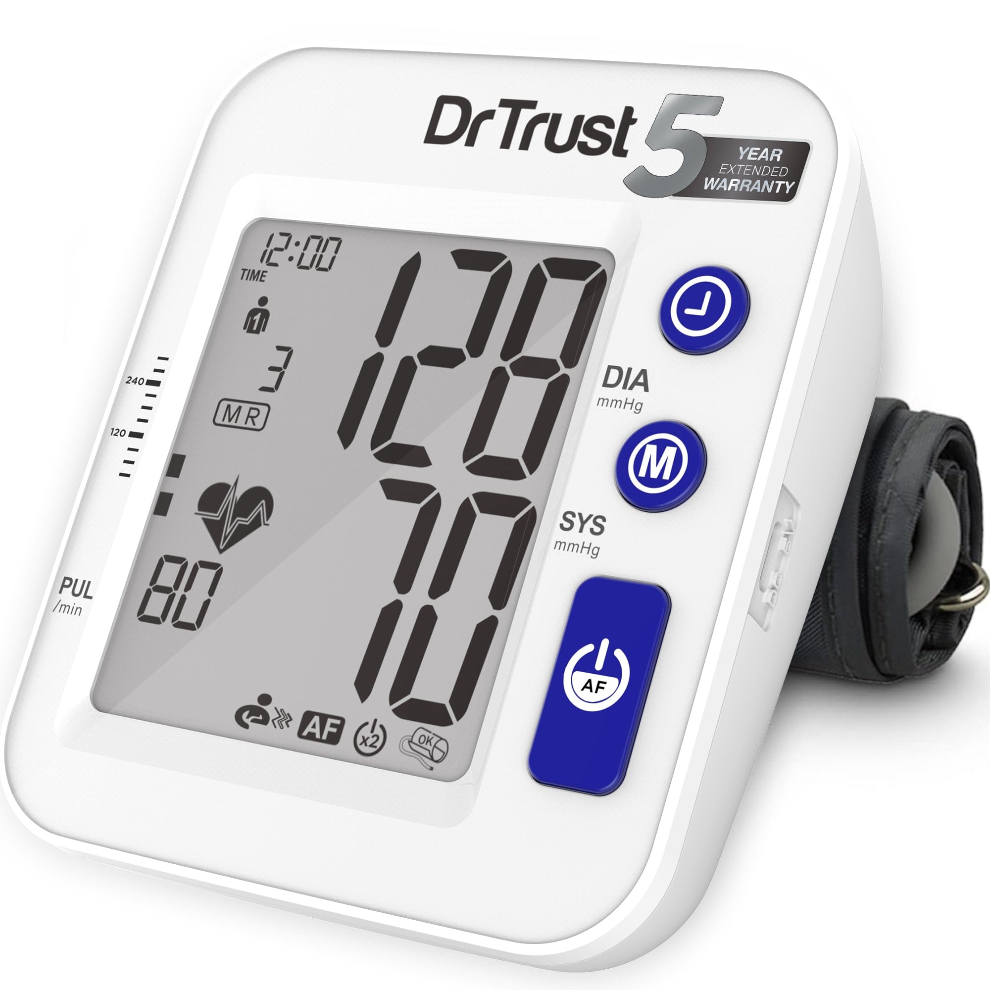 Dr Trust USA Blood Pressure Monitor Dr Trust USA Accutrack AFib Blood Pressure Monitor 130 for Atrial Fibrillation Detection & Stroke Prevention, MDI Digital BP Machine USB Compatible & Powered By 4AAA Batteries (White)