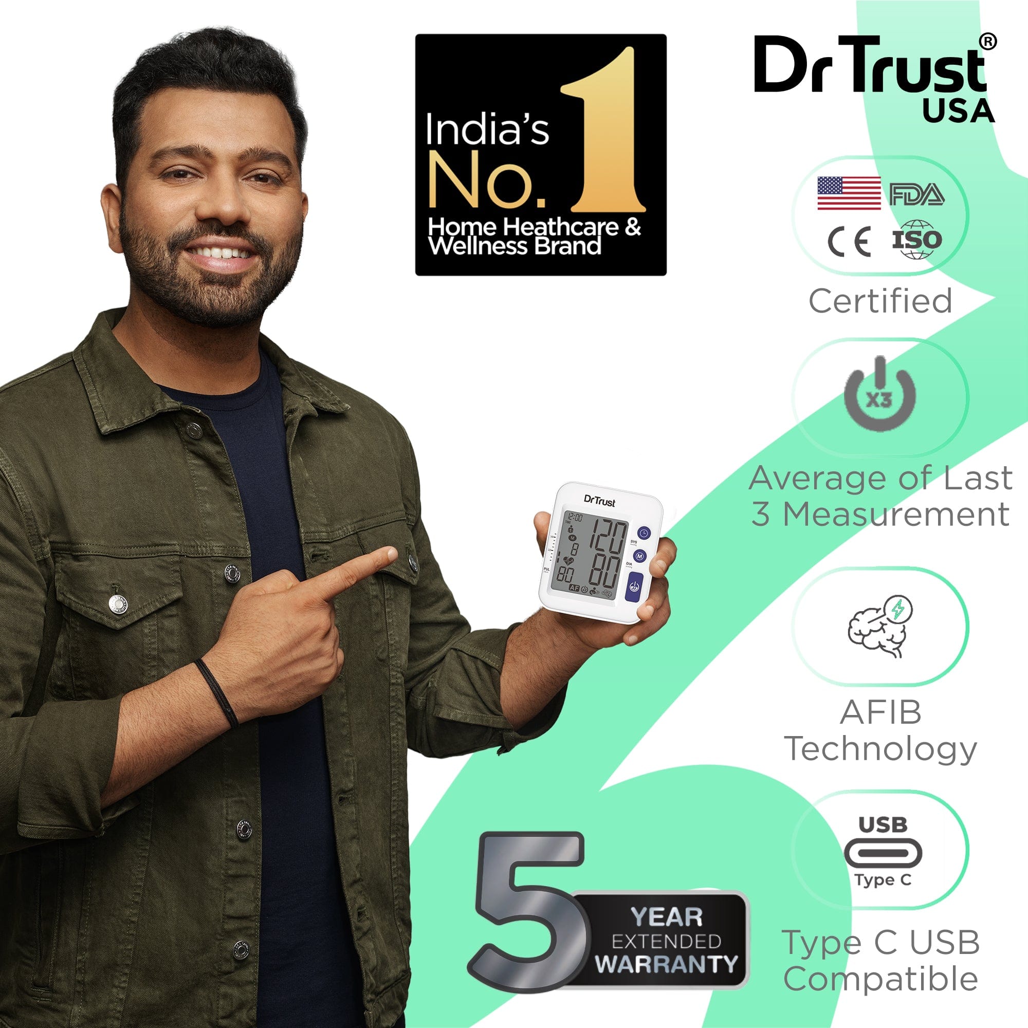 Dr Trust USA Blood Pressure Monitor Dr Trust USA Accutrack AFib Blood Pressure Monitor 130 for Atrial Fibrillation Detection & Stroke Prevention, MDI Digital BP Machine USB Compatible & Powered By 4AAA Batteries (White)