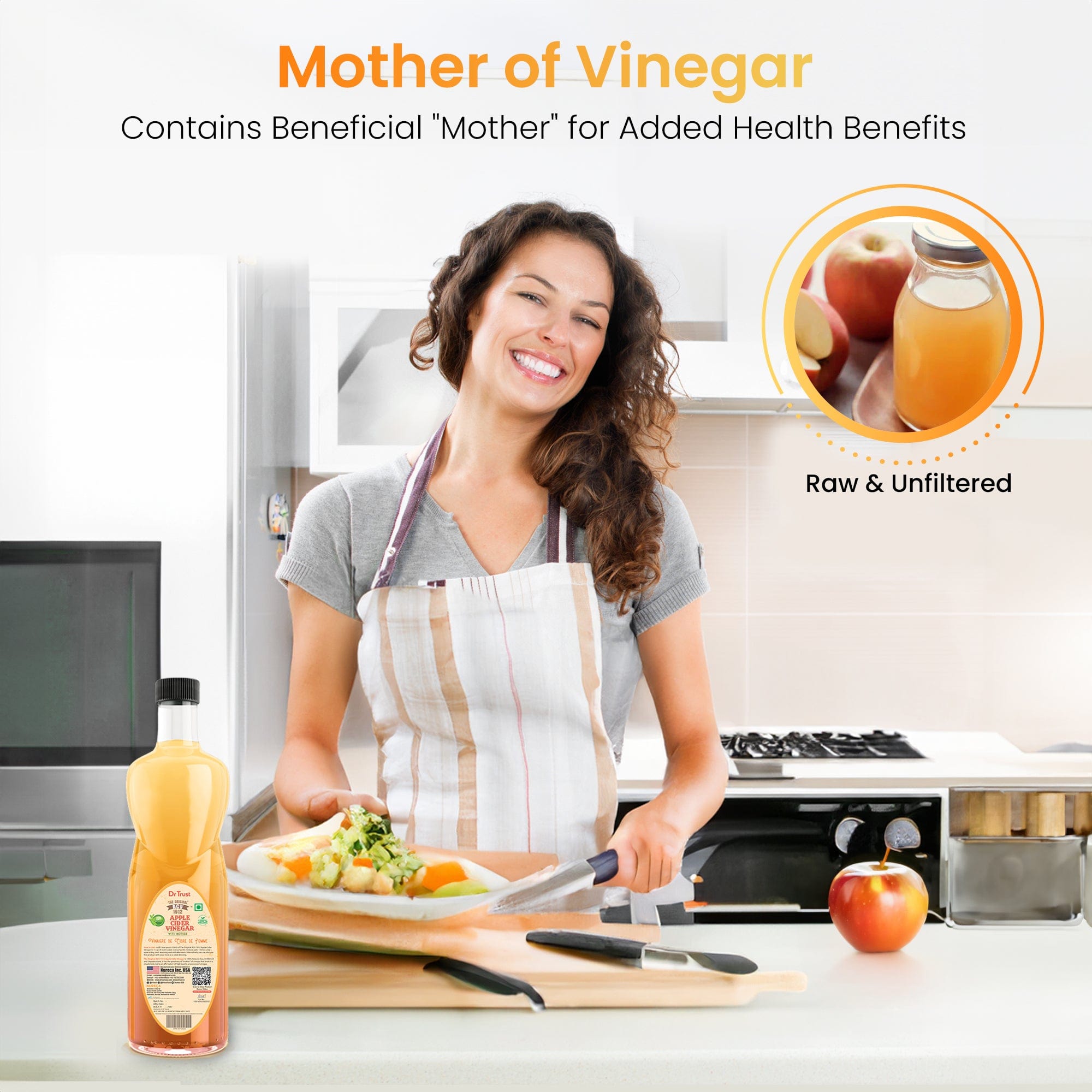 Dr Trust USA Apple Cider Vinegar Dr Trust USA Trunature Raw Organic Apple CiderVinegar 750 Ml ACV with Mother 704, Pure, Natural & Certified, Multipurpose, For Men & Women Health & Wellbeing