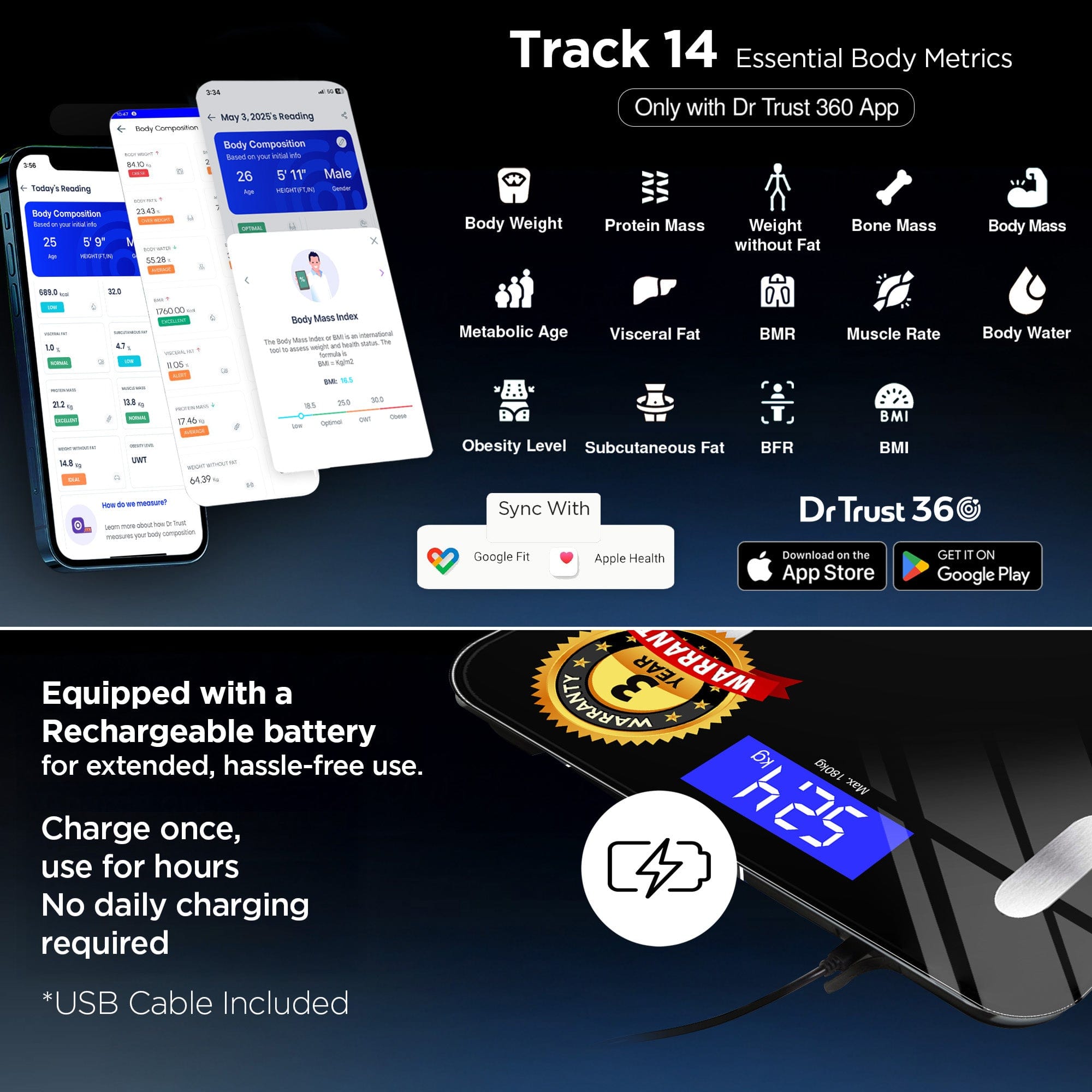 Dr Trust USA Weighing Scale Dr Trust USA Smart Body Fat and Body Composition Rechargeable Scale Analyser 2.0 for Body Weight 509