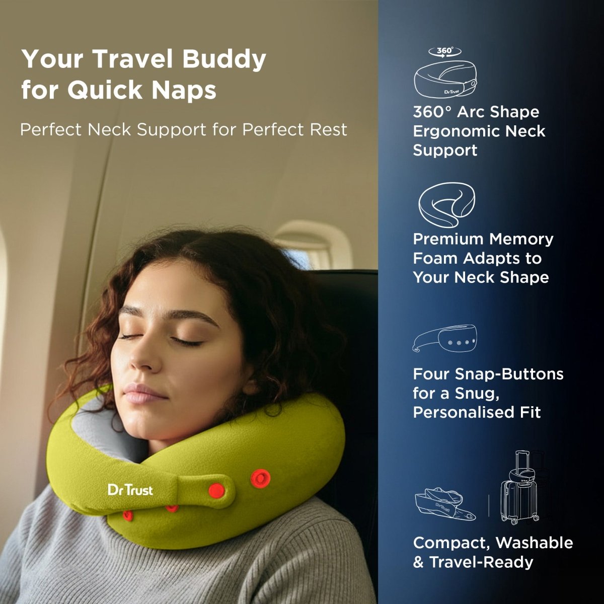 Dr Trust USA Cocoon 3219 Travel Neck Pillow with 360° Support & Memory Foam – Green
