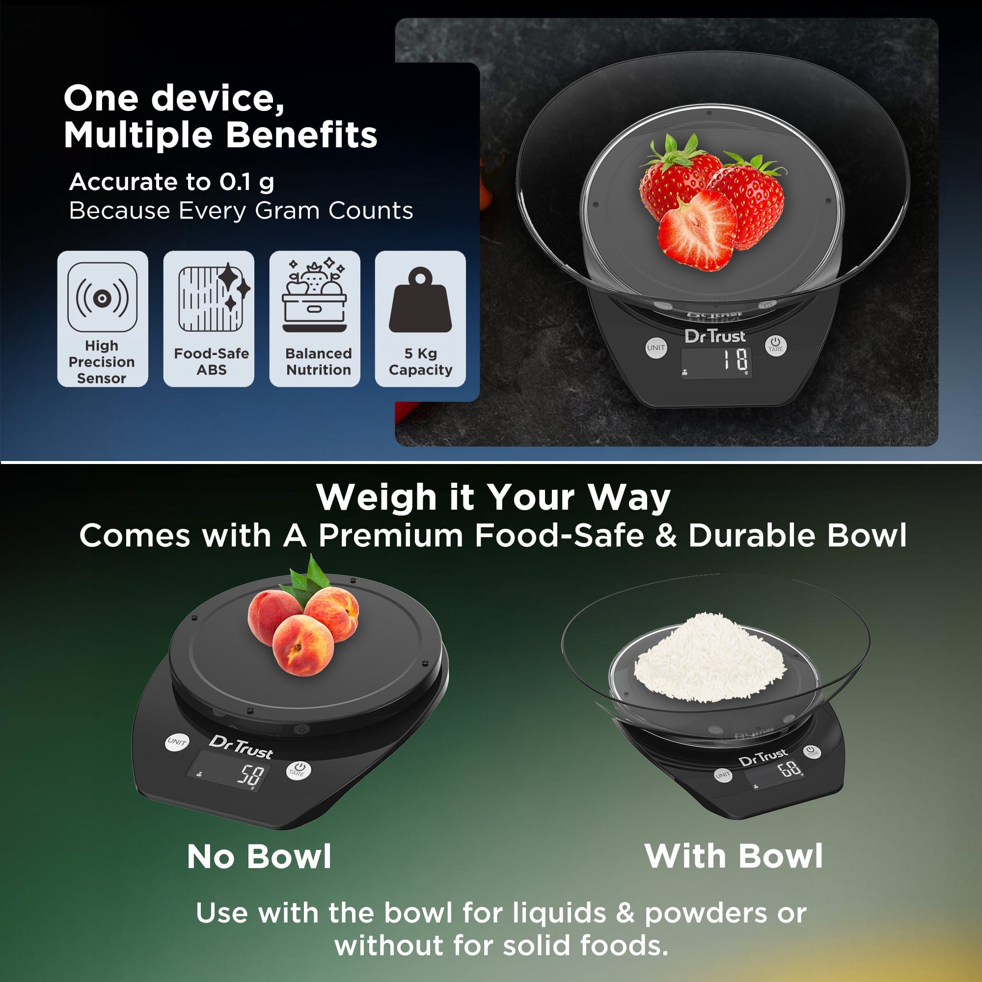 Dr Trust USA kitchen scale Dr Trust USA Digital Kitchen Weight Machine with Bowl for Healthy Cooking & Baking, Multi-purpose, Precision Weighing Scale 531 Measure up to 5 kg, Diet Food, Precision Nutrition BPA Free Bowl & Batteries Included