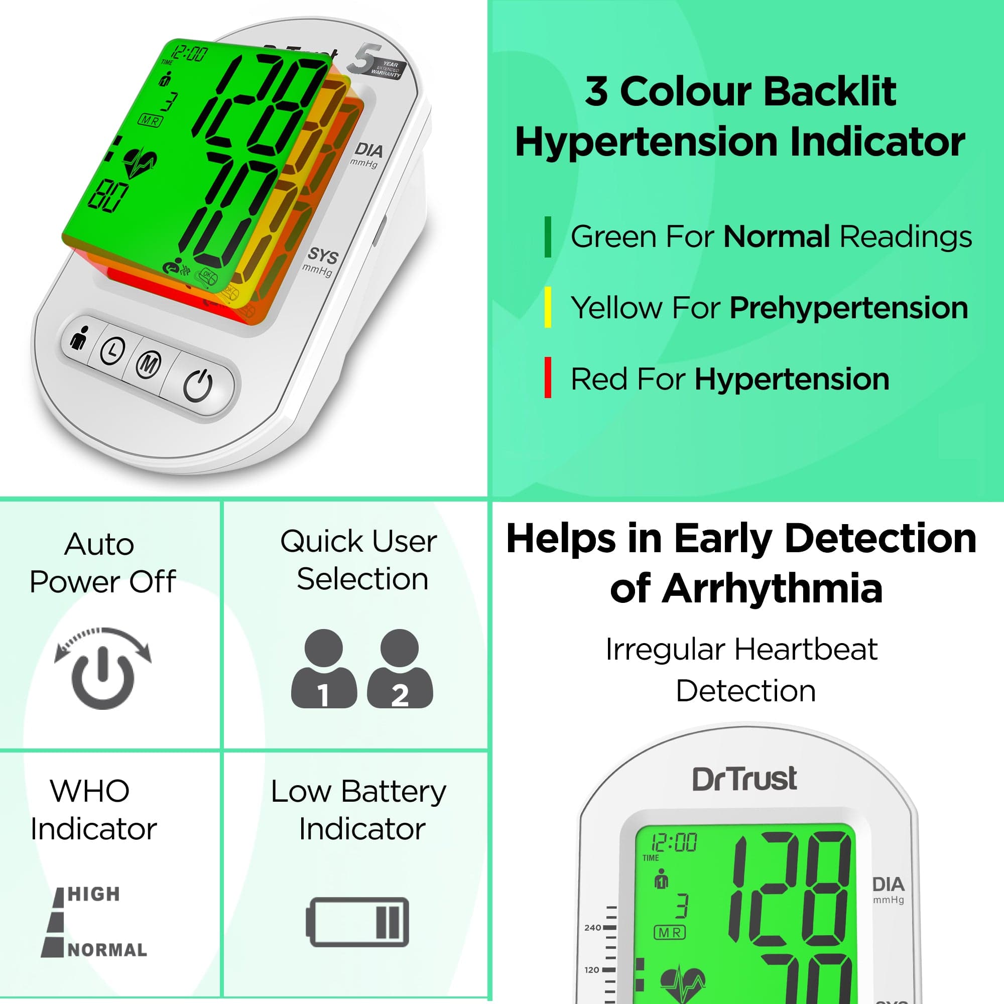 Dr Trust USA Blood Pressure Monitor Dr Trust USA Intellitrack 133 Fully Automatic Portable Digital Blood Pressure Monitor USB Compatible & Powered by 4 AAA Batteries BP Machine with 3 Color Backlight