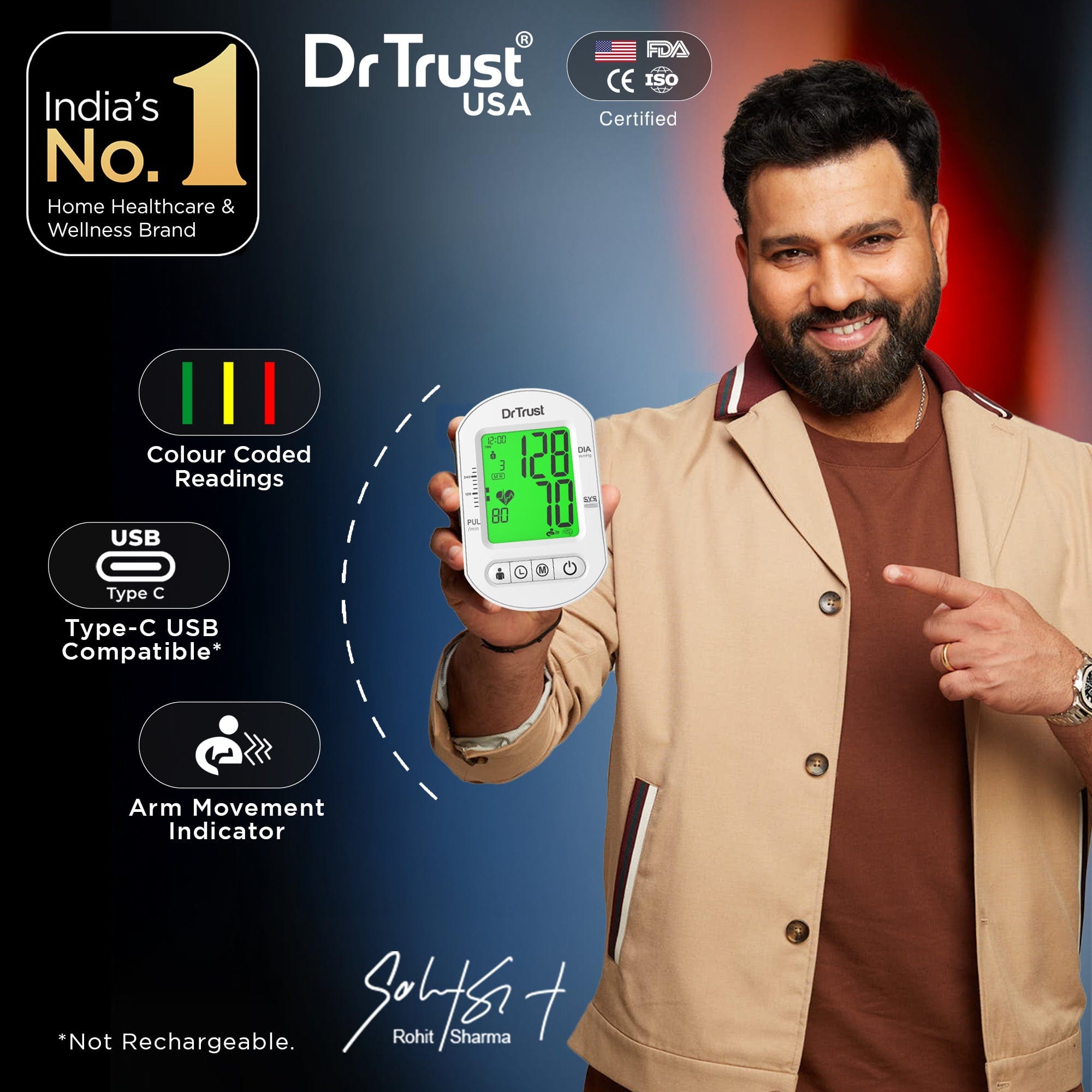 Dr Trust USA Blood Pressure Monitor Dr Trust USA Intellitrack 133 Fully Automatic Portable Digital Blood Pressure Monitor USB Compatible & Powered by 4 AAA Batteries BP Machine with 3 Color Backlight