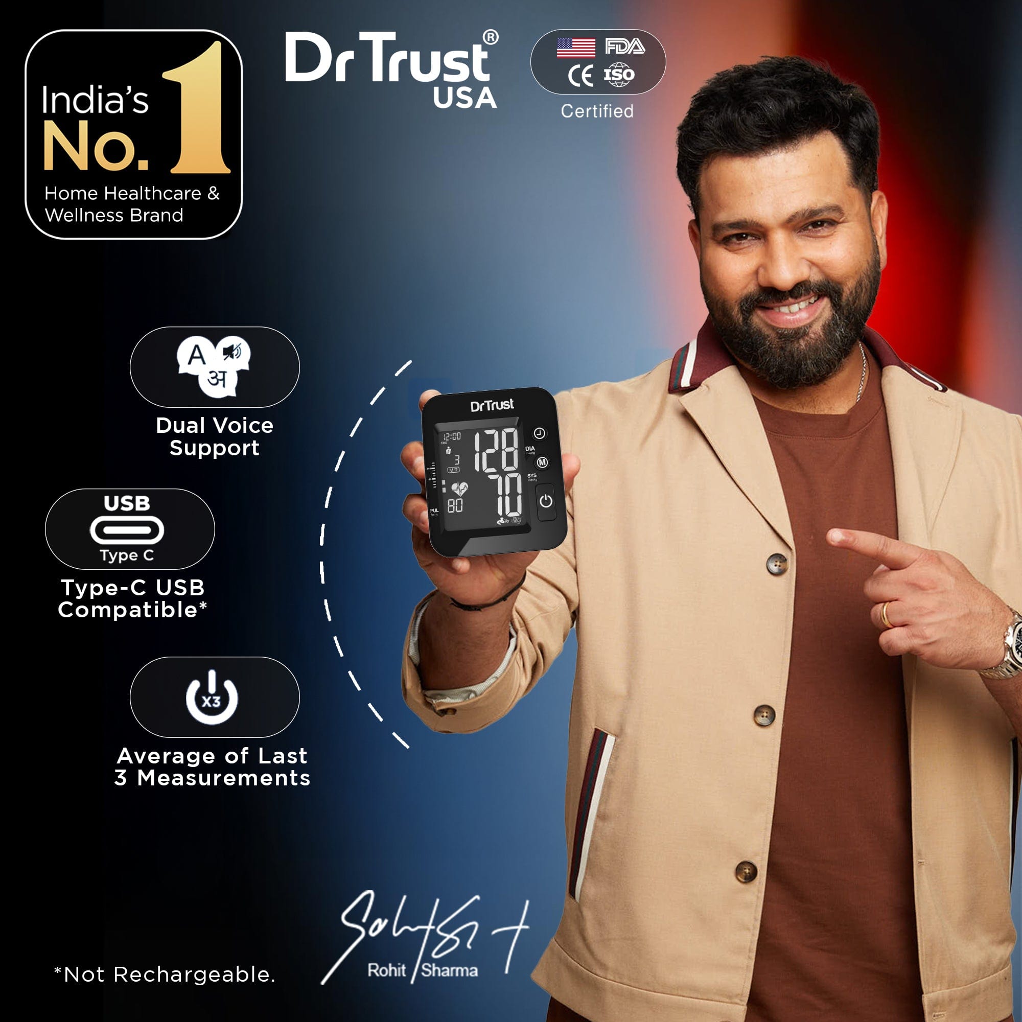 Dr Trust USA Blood Pressure Monitor Dr Trust USA IntelliTrack Dual Fully Automatic Talking Blood Pressure Monitor 132, USB Compatible & Powered By 4 AAA Batteries BP Machine (Black)