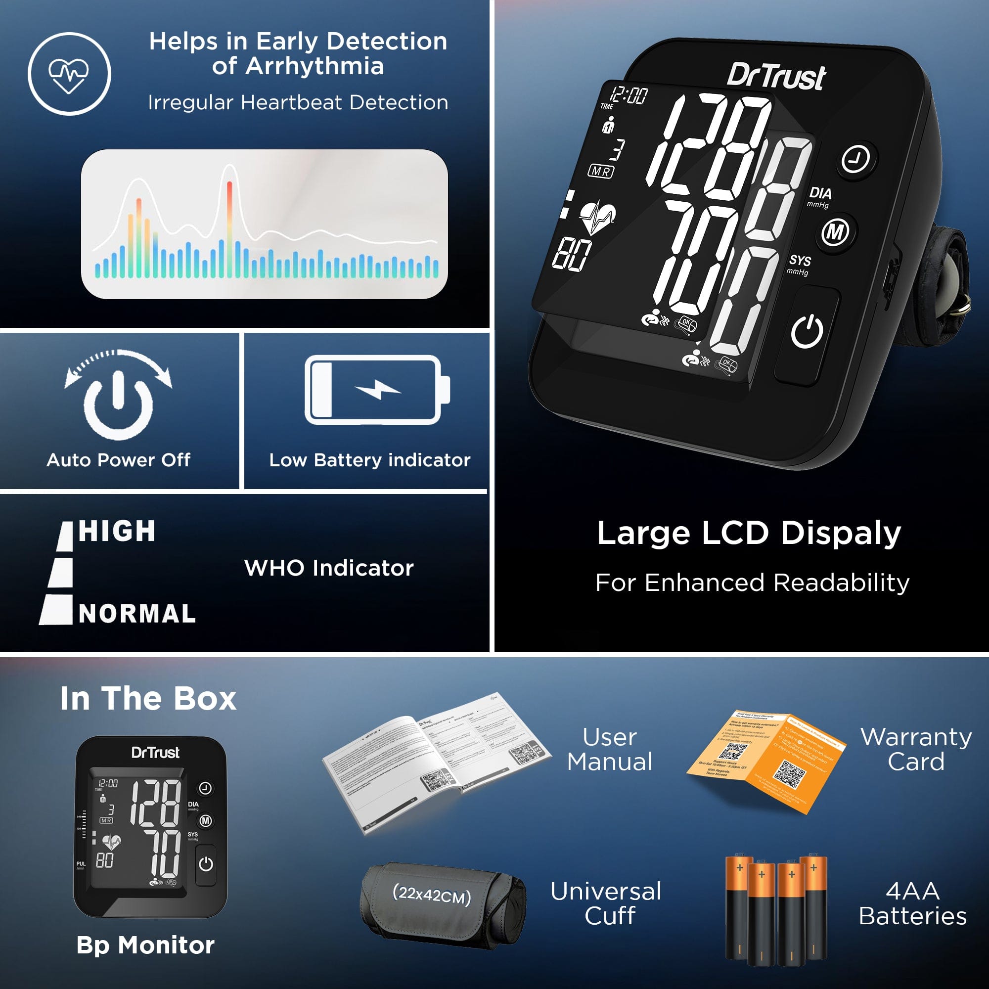 Dr Trust USA Blood Pressure Monitor Dr Trust USA IntelliTrack Dual Fully Automatic Talking Blood Pressure Monitor 132, USB Compatible & Powered By 4 AAA Batteries BP Machine (Black)