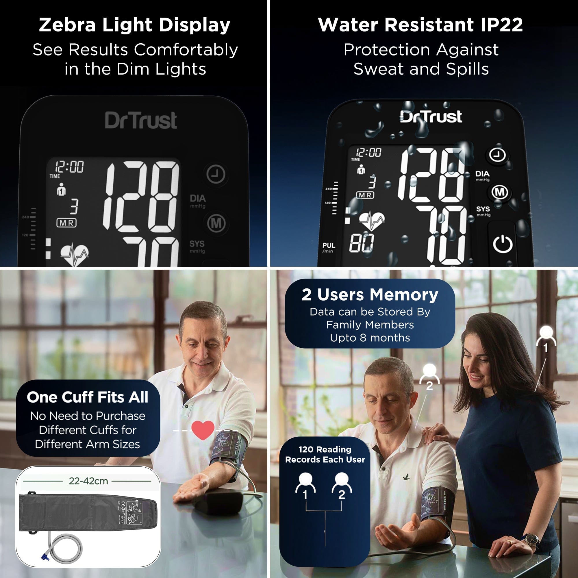 Dr Trust USA Blood Pressure Monitor Dr Trust USA IntelliTrack Dual Fully Automatic Talking Blood Pressure Monitor 132, USB Compatible & Powered By 4 AAA Batteries BP Machine (Black)