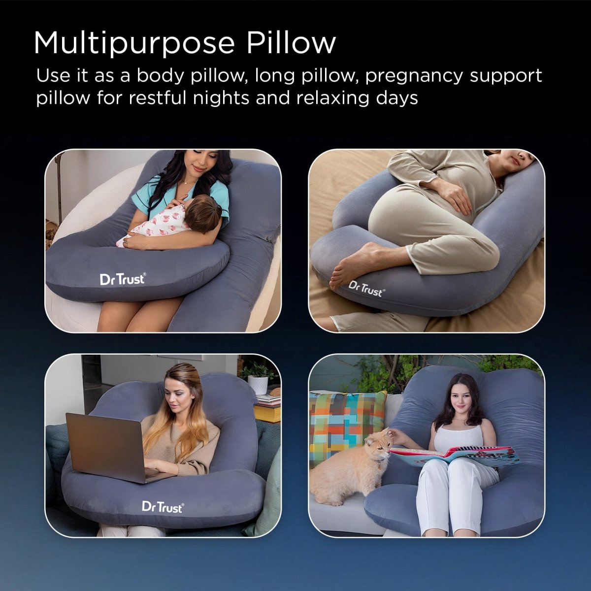 Dr Trust USA J - Shaped Pregnancy Pillow 3213 (Grey)