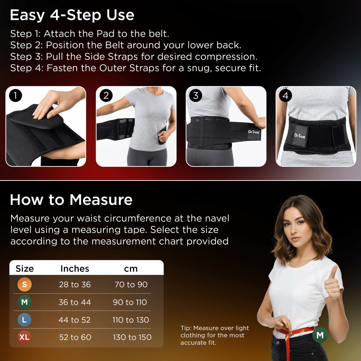 Dr Trust USA PRO Lumbar Sacral (LS) Belt 4005 Orthopaedic Lower Back Support Belt with Removable Lumbar Pad, Adjustable Compression Brace for Back Pain Relief, Men & Women (S/M/L/XL)