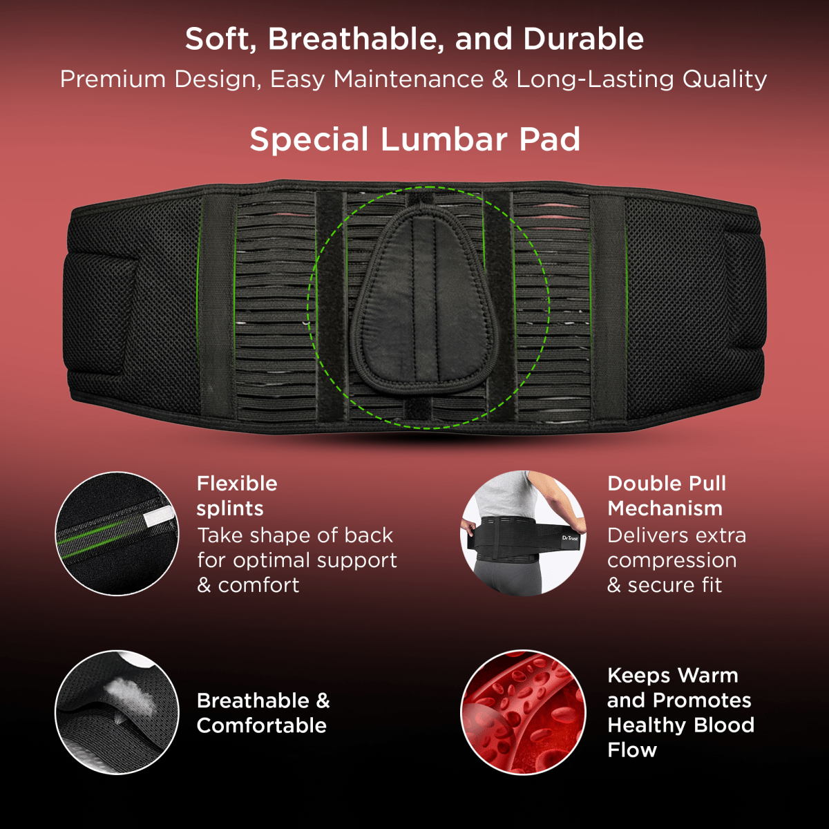 Dr Trust USA PRO Lumbar Sacral (LS) Belt 4005 Orthopaedic Lower Back Support Belt with Removable Lumbar Pad, Adjustable Compression Brace for Back Pain Relief, Men & Women (S/M/L/XL)