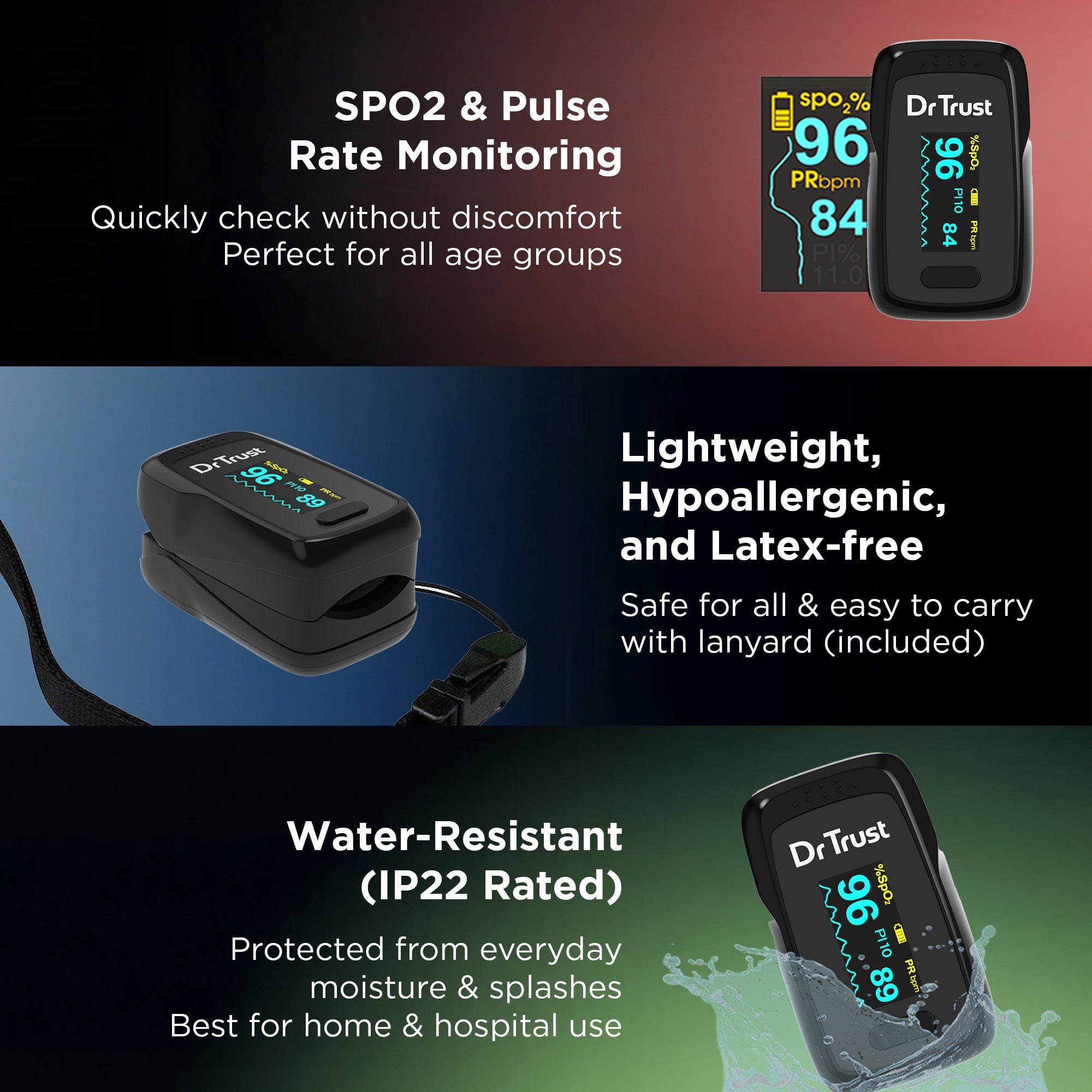 Dr Trust USA Pulse oximeter Dr Trust USA Vital Pulse Oximeter, SPO2 Meter Fingertip Blood Oxygen Saturation Monitor, Blood Oxygen Meter Finger Oximeter Finger with Pulse 219