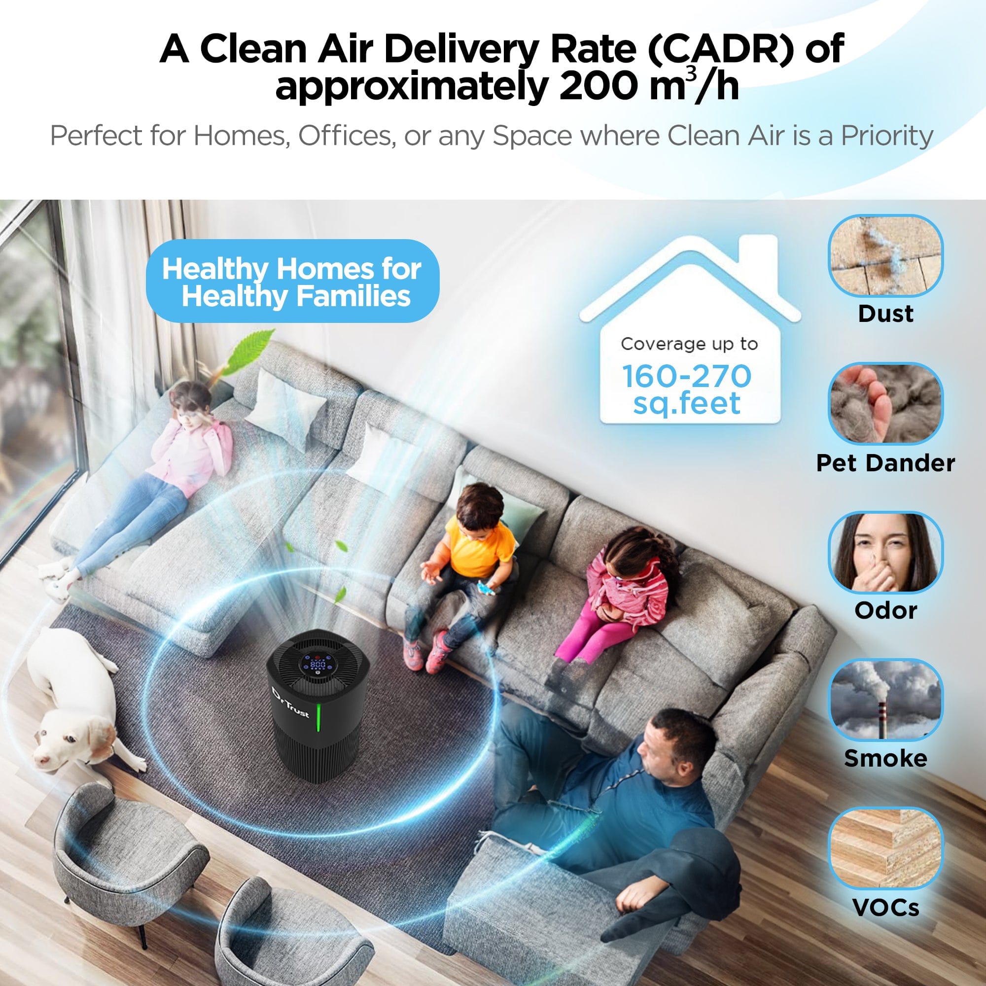 Dr Trust USA humidifier Dr Trust USA Zurich Home Air Purifier with HEPA Filter + UV LED 4 Stage Filtration & Air Quality Monitoring | 360° Air Inlet, Removes 99.97% Pollutants & Micro Allergens up to 270 Sq. Ft. Area of Bedroom, Office, Pet & Living Rooms 908 (Black)