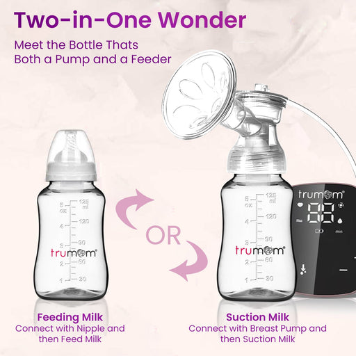 Dr Trust USA Breast Pump Trumom USA Electric Breast Pump with 2 Phase Pumping, USB Rechargeable, Digital Display, Single, Quiet, Gentle, Small, & Portable Baby Feeding Pump with BPA FREE Accessories, 125 ml Milk Bottle, Adjustable Suction 6006