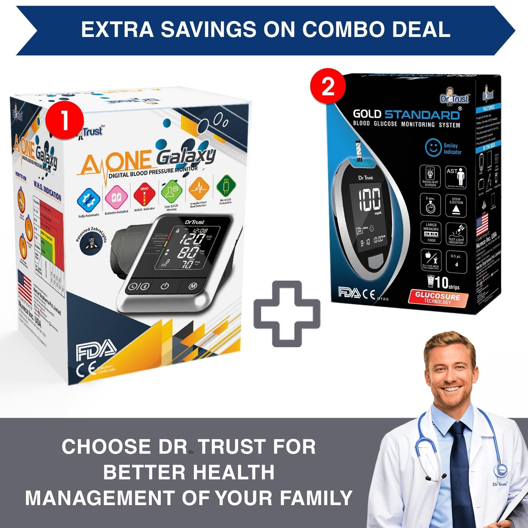 Dr Trust USA A-One Galaxy Blood Pressure Monitor 106 + Glucometer Sugar Check Machine 9001 with 10 Strips | Dr Trust.