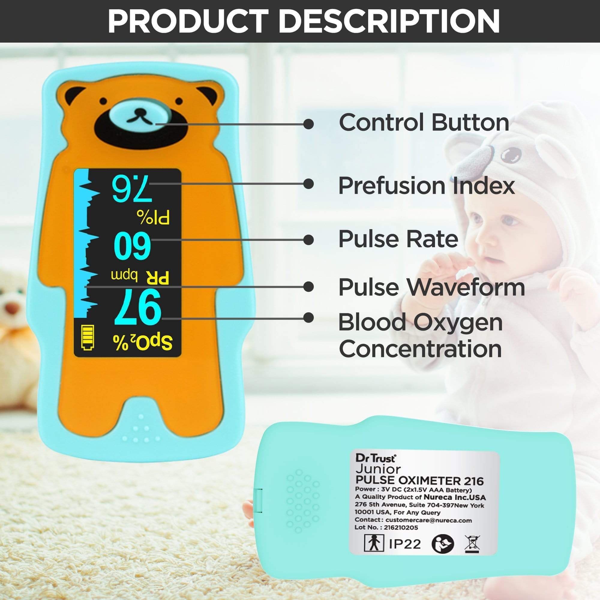 Dr Trust USA Pediatric Pulse Oximeter for Children 216 (Green) | Dr Trust.