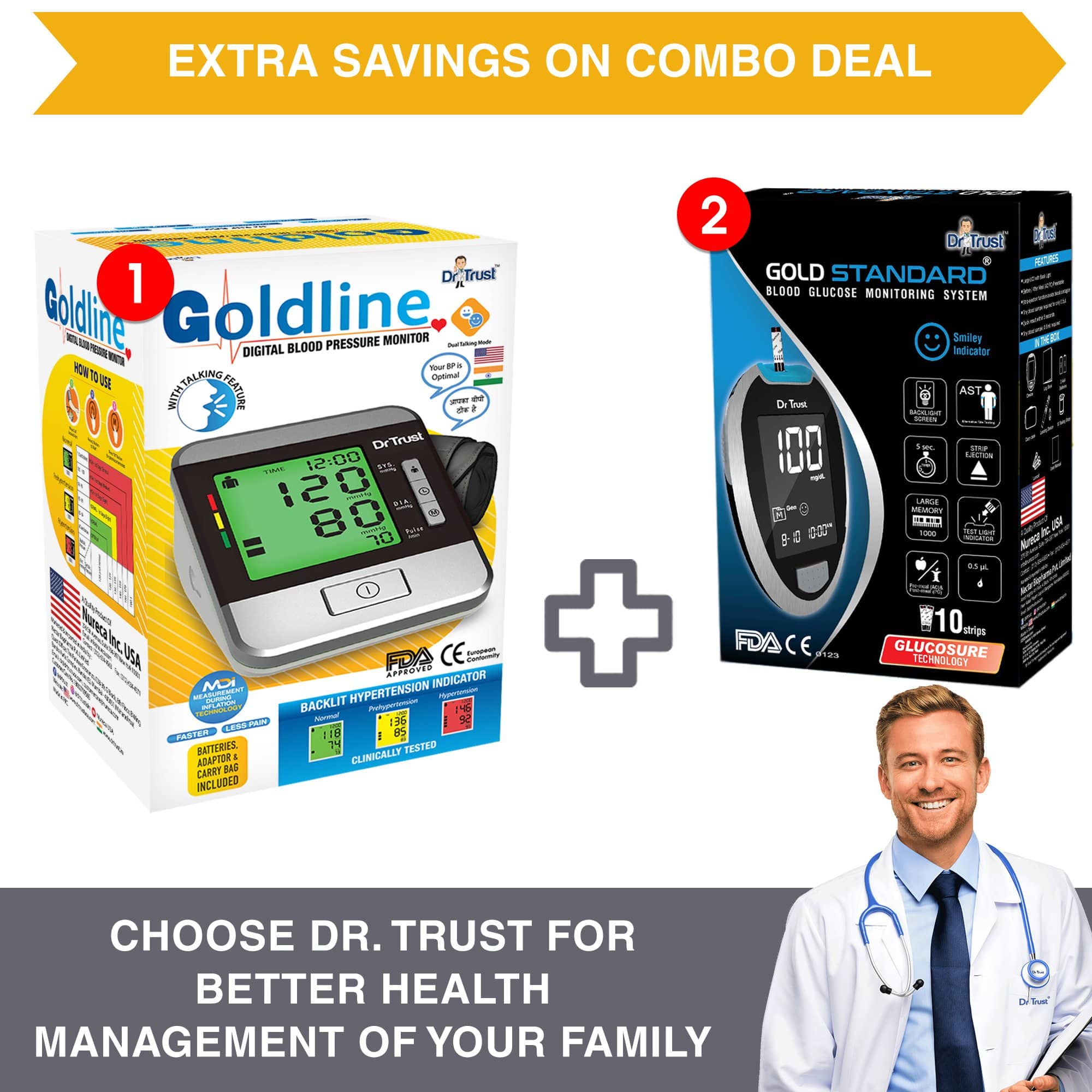 Dr Trust USA Goldline Digital BP Monitor 103 + Glucometer Sugar Check Machine 9001 with 10 Strips | Dr Trust.