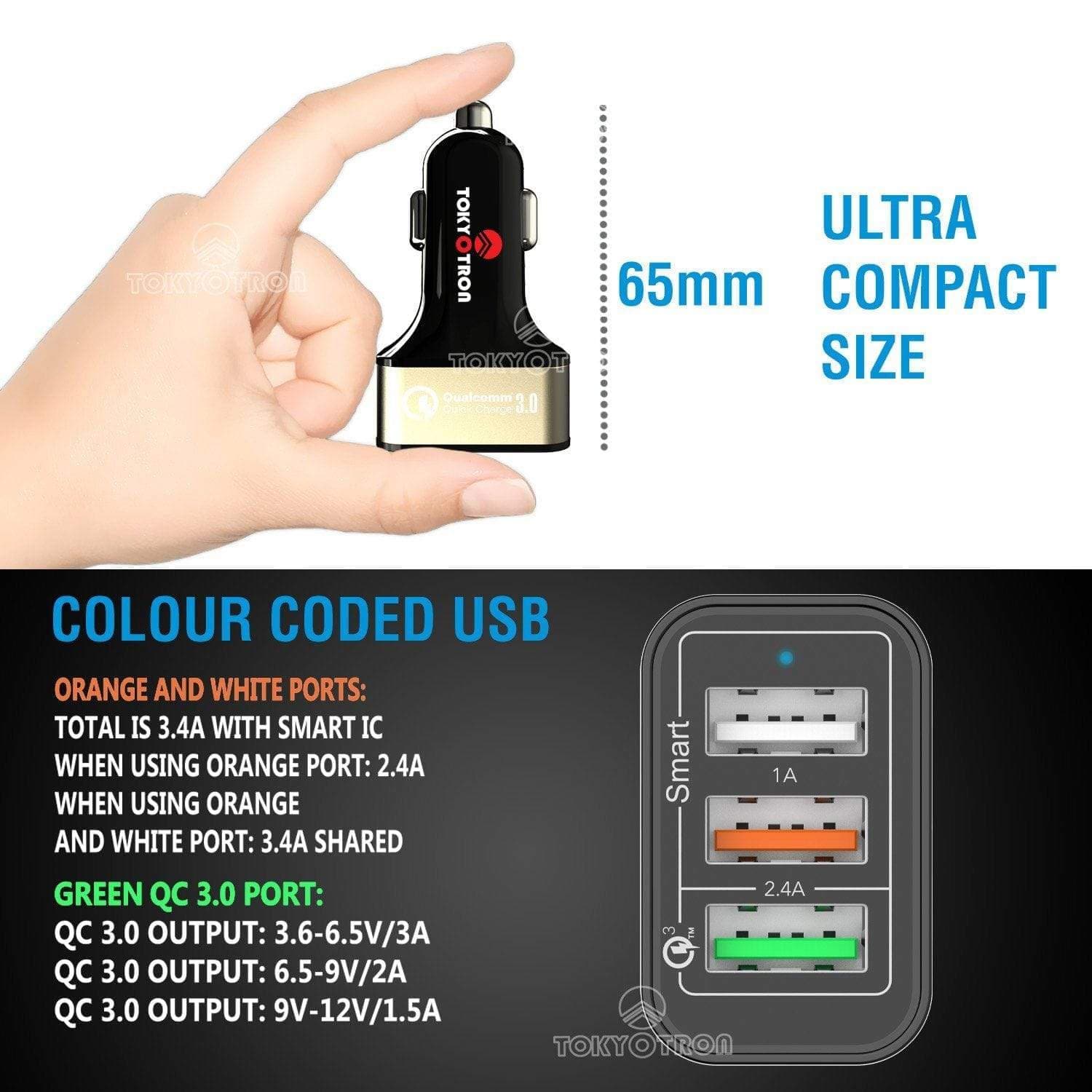 Tokyotron 3 USB Port Car Mobile Charger Qualcomm 3.0 | Dr Trust.