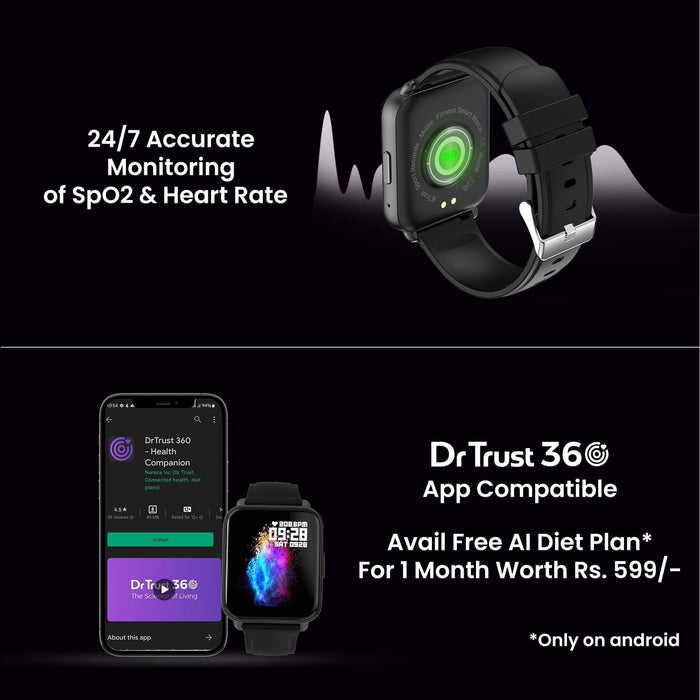 Dr Trust USA free_gift Dr Trust USA Healthpal 2 Smart Watch with 1.7" HD Display, Calling Feature, 24*7 Heart Rate Monitor, Spo2 Monitoring fitness tracker, Sports Modes, Multiple Watch Faces, Fast Charge, Long battery life, for Men & Women