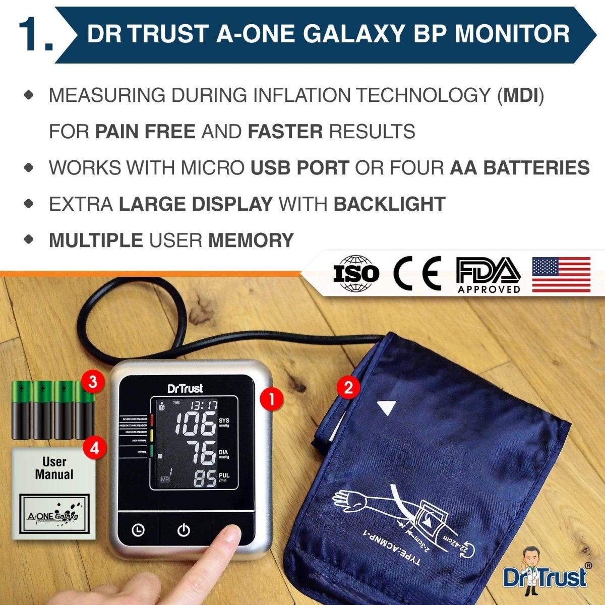 Dr Trust USA A-One Galaxy BP Monitor 106 + Glucometer 9001 (10 Strips)