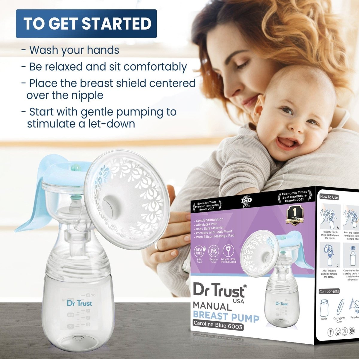 Dr Trust USA Manual Breast Pump - Carolina Blue 6003